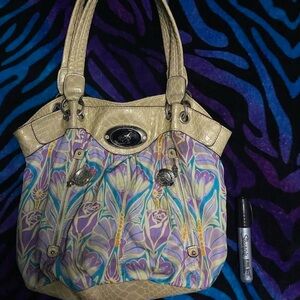 Cream and purple floral print shoulder bag with silver hardware